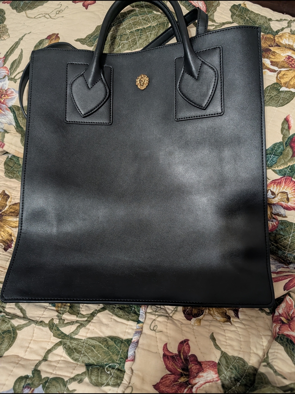 Black Leather Tote with Gold Lion Medallion